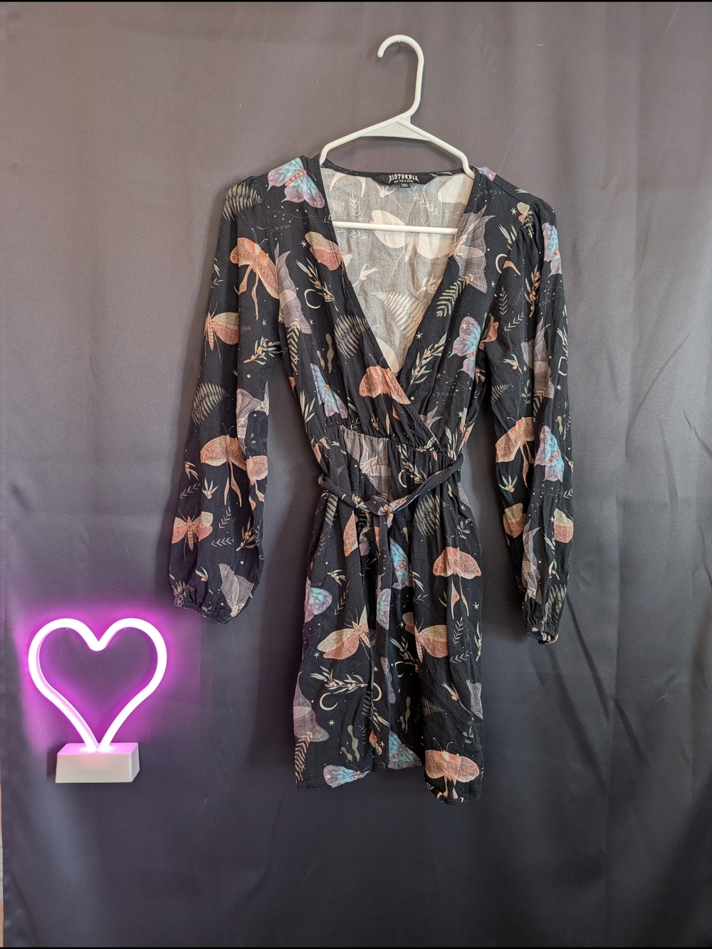 Disturbia Black Long Sleeve Wrap Dress with Pink and Blue Moth Print Goth chic